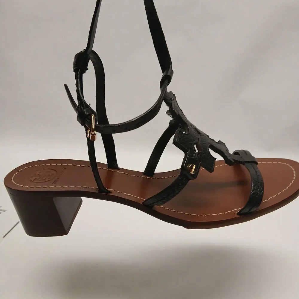 Tory Burch Black Leather Double T Logo Block Heel Ankle Strap Sandals Women's 11